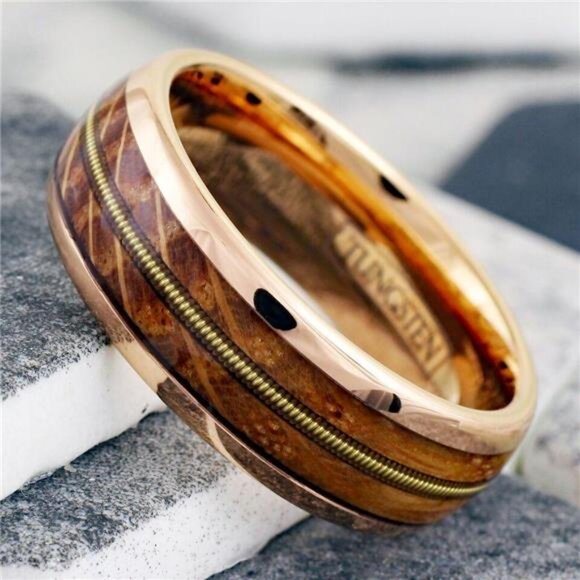 Wedding Band Rings Rose Gold Whiskey Barrel Wood Guitar Design Wedding Rings - Picture 2 of 7